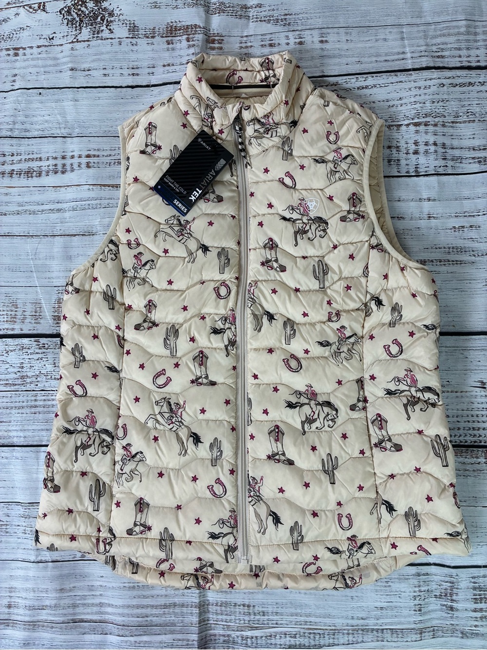 Ariat Puffer Vest Women’s L Ideal 3.0 Down Vest Retro Western Print Horses